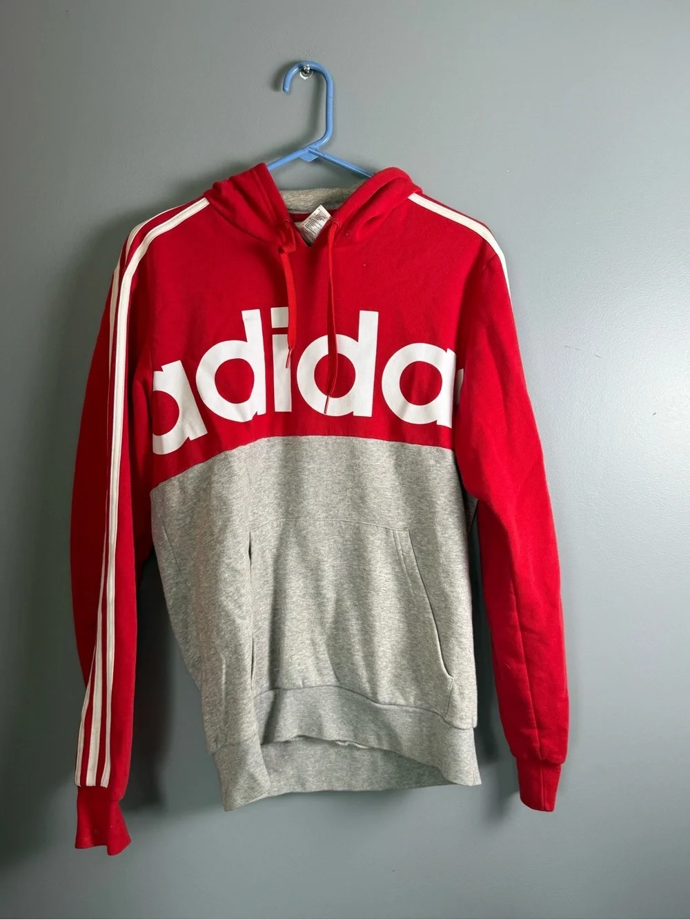 Adidas Mens Red & Gray Colorblock Pullover Hoodie w/ Large Letters Size S